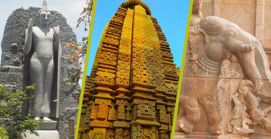 collage of statues and temples