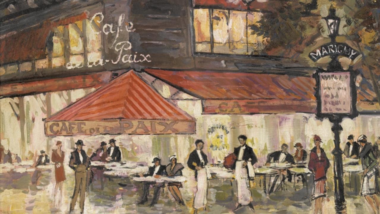a painting of people outside of a cafe